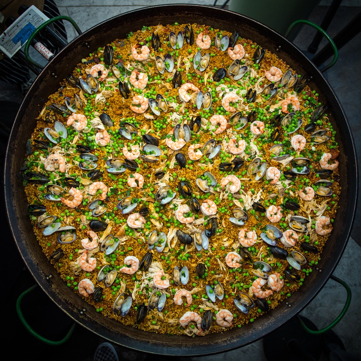 Seafood paella from above