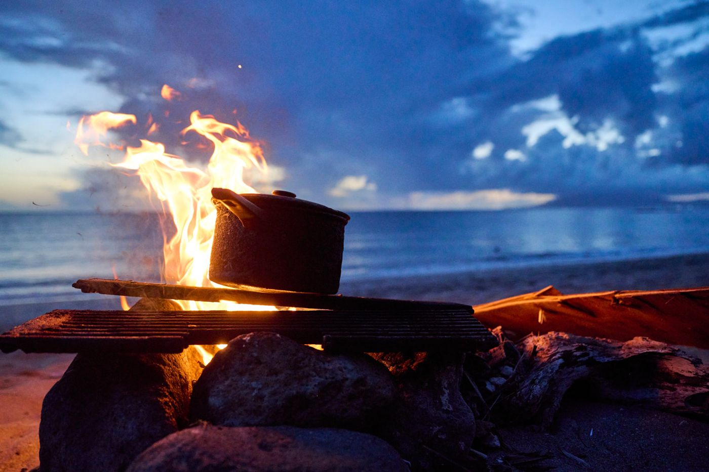 Beach fire at dusk