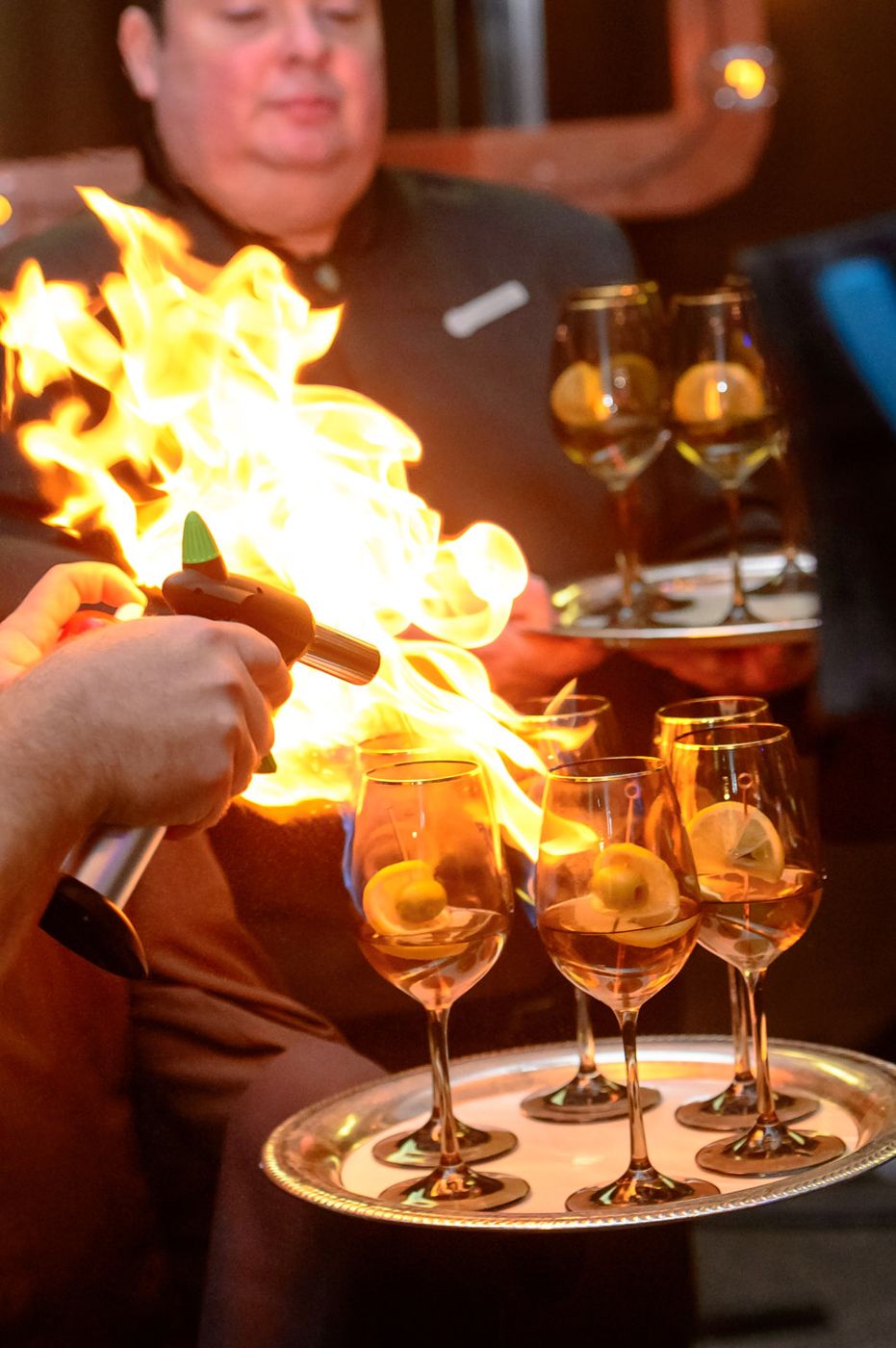 Flambé service at a VIP dinner